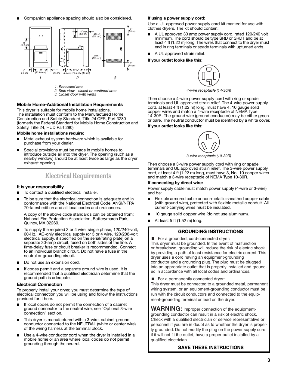 Electrical requirements, Warning | Whirlpool 8535899 User Manual | Page 3 / 24