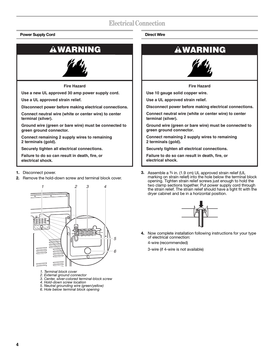 Warning, Electrical connection | Whirlpool 8535899 User Manual | Page 4 / 24