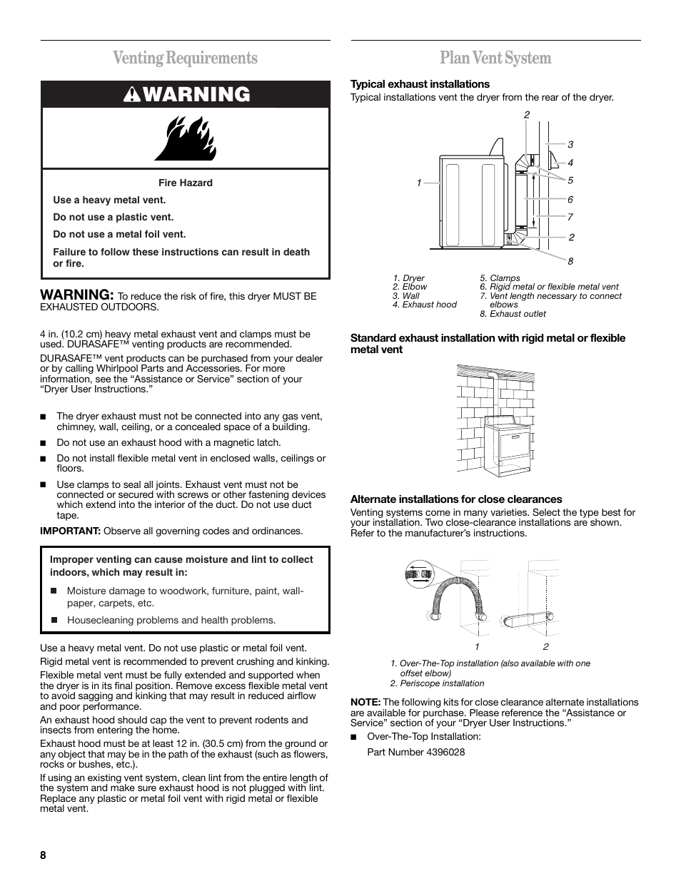 Venting requirements, Plan vent system, Warning | Whirlpool 8535899 User Manual | Page 8 / 24