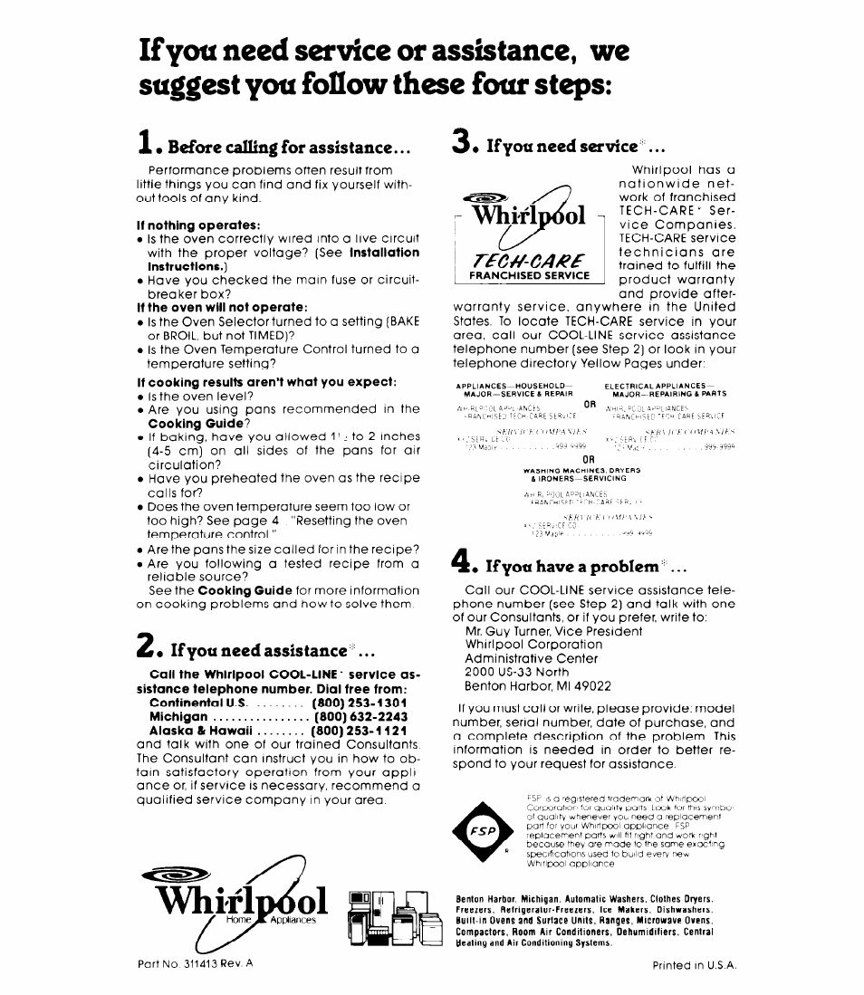 X • before calling for assistance, 2 • if you need assistance, If you need service | If yon have a problem, Whiríimíql, If you need assistance, Whjfip^l | Whirlpool RB2OOOXK User Manual | Page 12 / 12