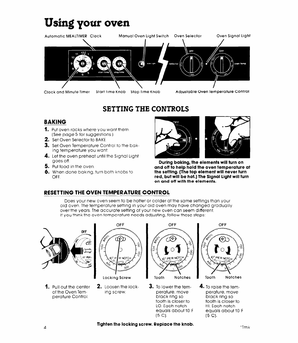 Baking, Resetting the oven temperature control, Using your oven | Setting the controls | Whirlpool RB2OOOXK User Manual | Page 4 / 12