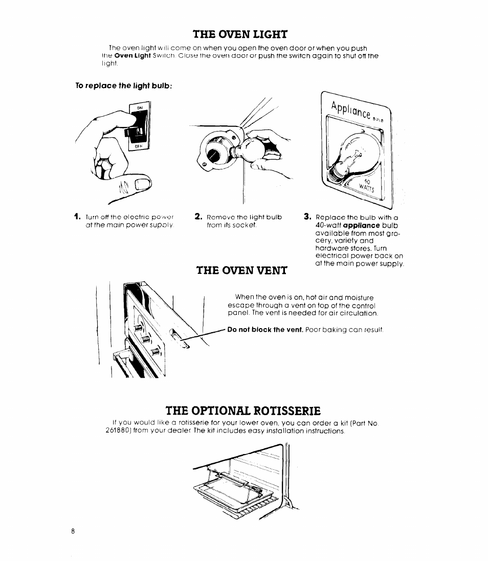 The oven light, The oven vent, The optional rotisserie | Whirlpool RB2OOOXK User Manual | Page 8 / 12