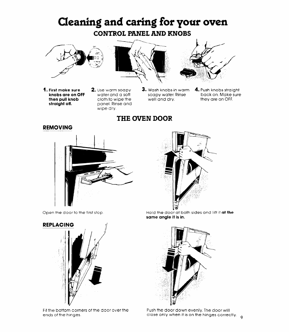 Removing, Replacing, Cleaning and caring for your oven | Contsol panel and knobs, The oven door | Whirlpool RB2OOOXK User Manual | Page 9 / 12