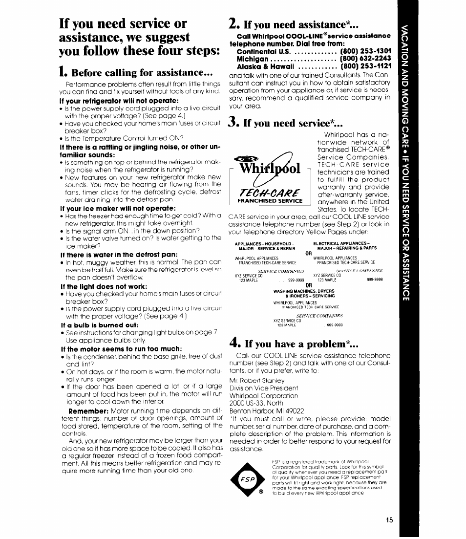 Whirlpool, Before calling for assistance, K you need assistance | 3, if you need service, 4* if you have a problem | Whirlpool ET22ZM User Manual | Page 15 / 16