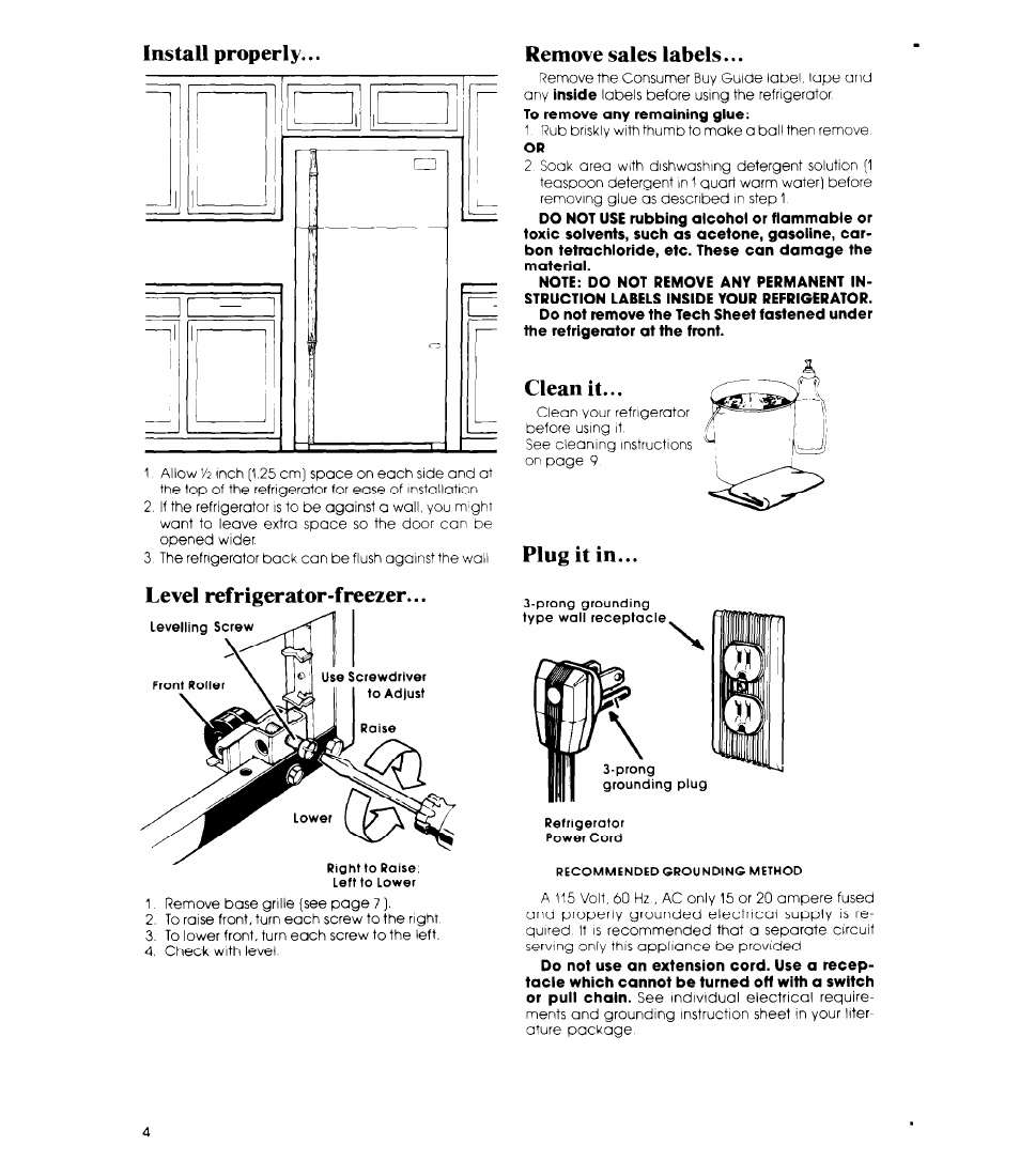 Instau properly, Remove sales labels, Plug it in | Level refrigerator-freezer, Clean it, Plug it in. level refrigerator-freezer | Whirlpool ET22ZM User Manual | Page 4 / 16