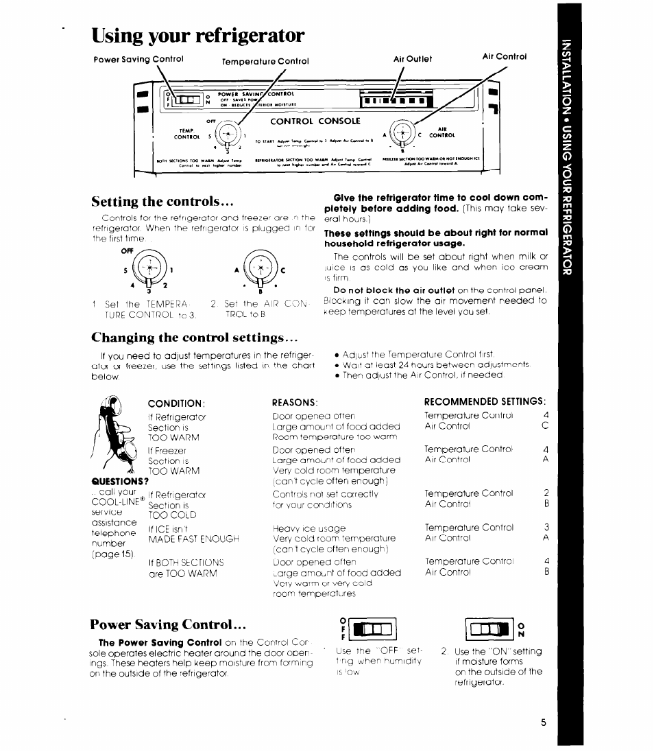 Using your refrigerator, Setting the controls, Changing the control settings | Power saving control | Whirlpool ET22ZM User Manual | Page 5 / 16