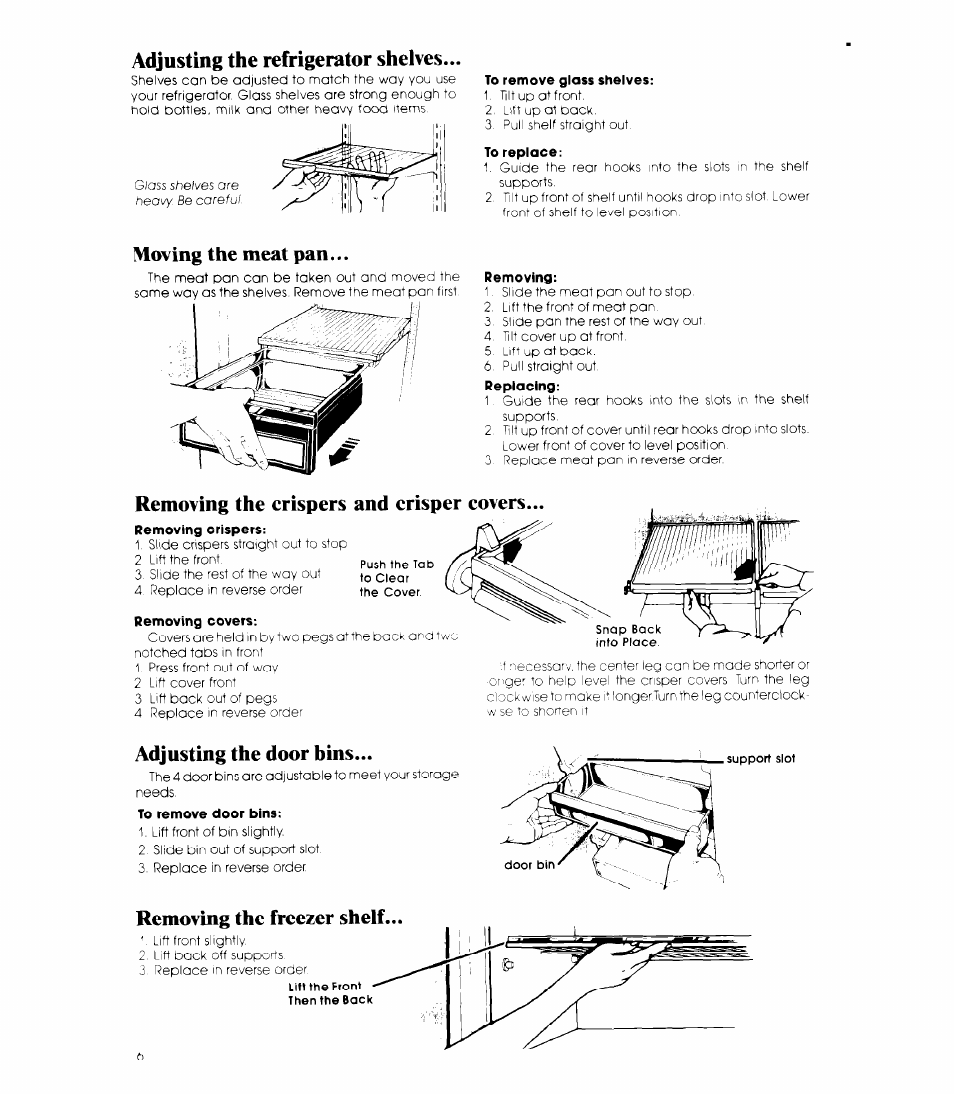 Adjusting the refrigerator shelves, Moving the meat pan, Removing the crispers and crisper covers | Adjusting the door bins, Removing the freezer shelf | Whirlpool ET22ZM User Manual | Page 6 / 16