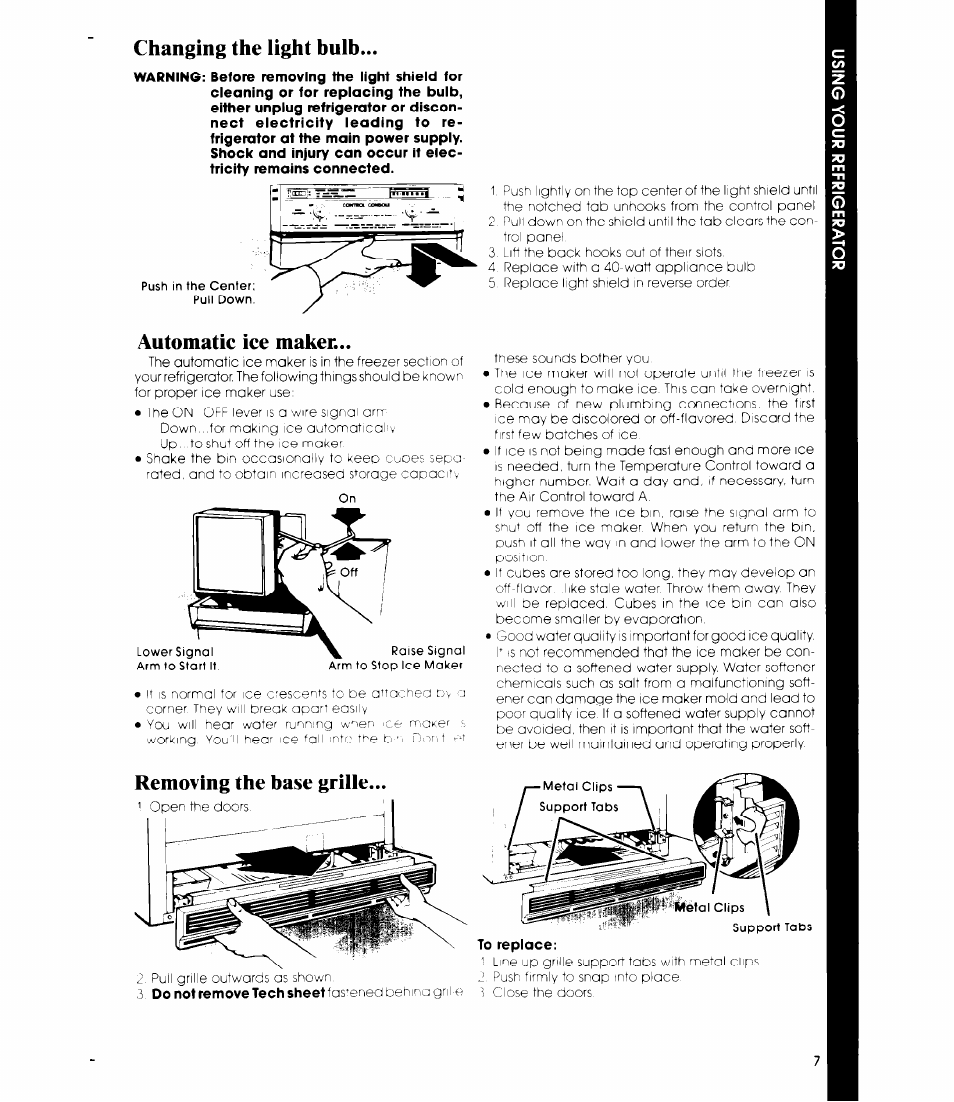 Changing the light hulh, Automatic ice maker, Removing the base grille | Whirlpool ET22ZM User Manual | Page 7 / 16