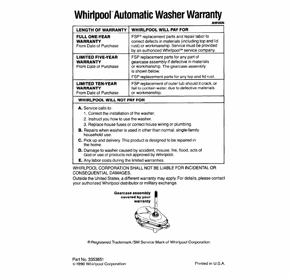 Whirlpool automatic washer warranty, Whirlpool automatic washer, Warranty | Whirlpool 4LA9300XT User Manual | Page 16 / 16