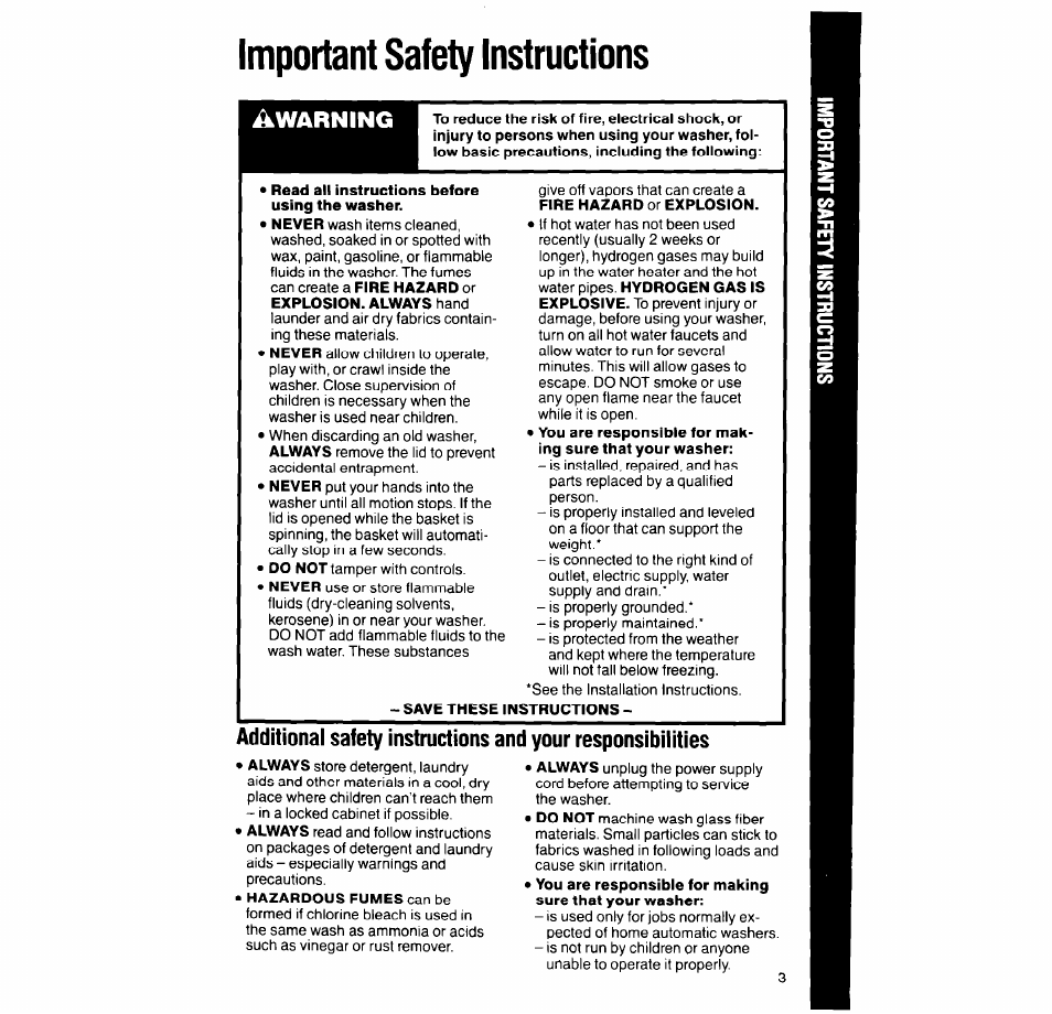 Important safety instructions, Read all instructions before using the washer, Save these instructions | Warning | Whirlpool 4LA9300XT User Manual | Page 3 / 16