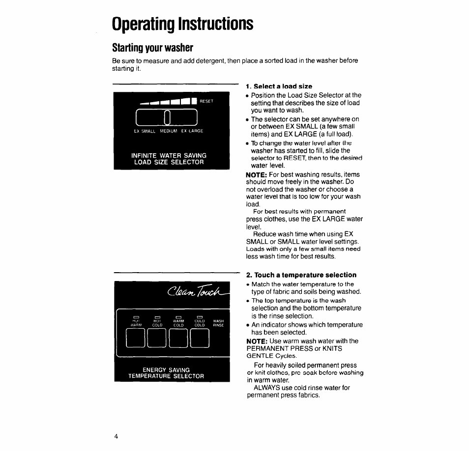 Operating instructions, Starting your washer, Select a load size | Whirlpool 4LA9300XT User Manual | Page 4 / 16