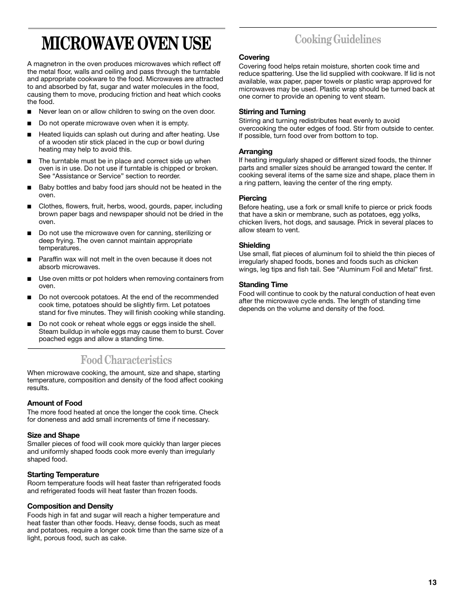 Microwave oven use, Food characteristics, Cooking guidelines | Whirlpool GSC308 User Manual | Page 13 / 24