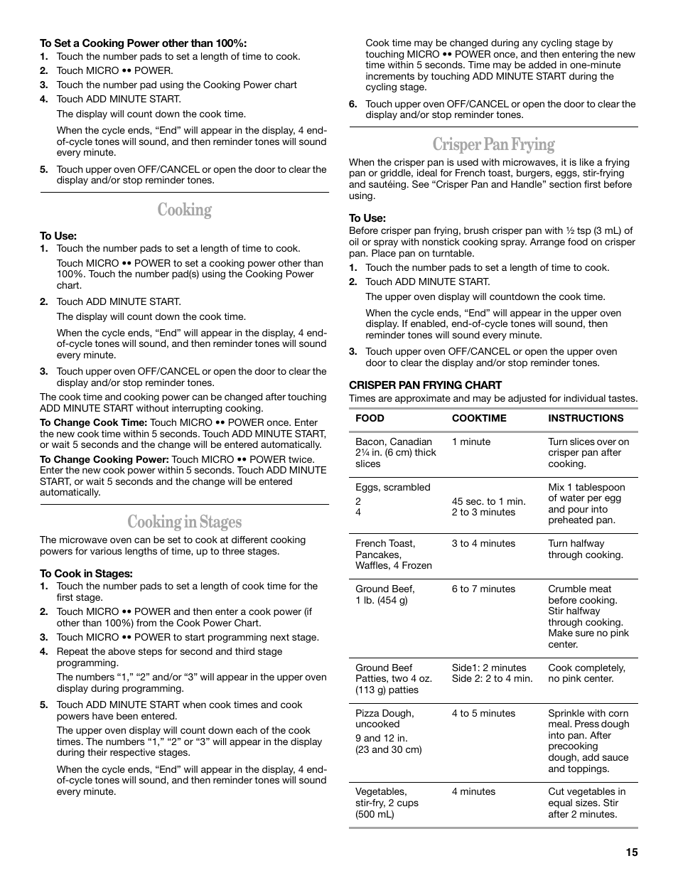 Cooking, Cookinginstages, Crisperpanfrying | Cooking in stages, Crisper pan frying | Whirlpool GSC308 User Manual | Page 15 / 24
