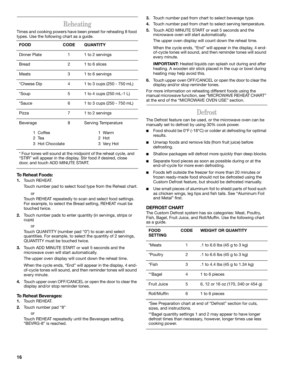 Reheating, Defrost | Whirlpool GSC308 User Manual | Page 16 / 24