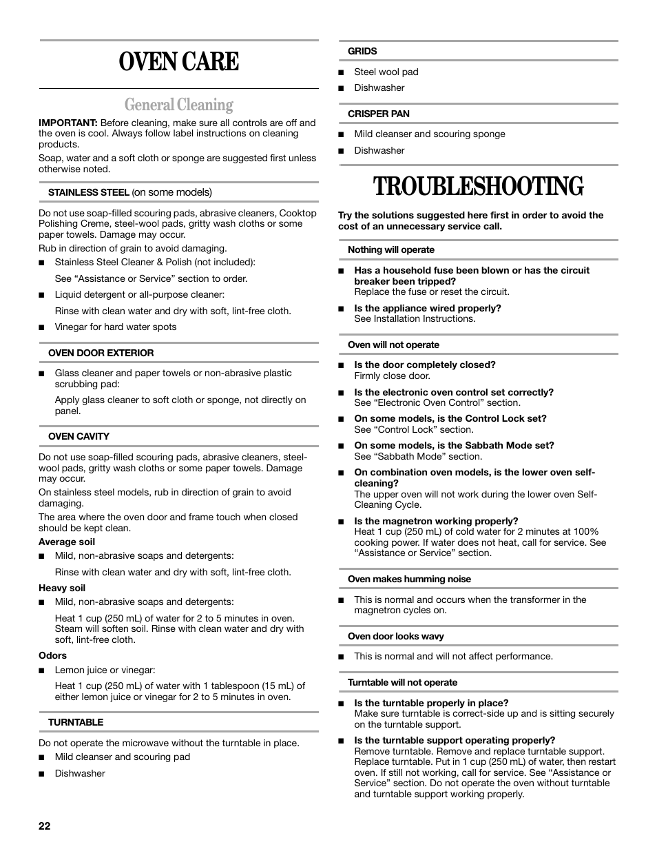 Oven care, Troubleshooting, General cleaning | Whirlpool GSC308 User Manual | Page 22 / 24