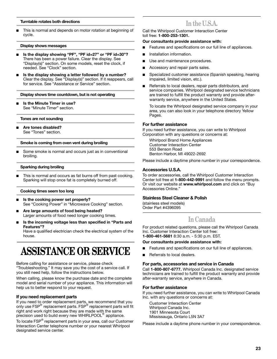 Assistance or service | Whirlpool GSC308 User Manual | Page 23 / 24