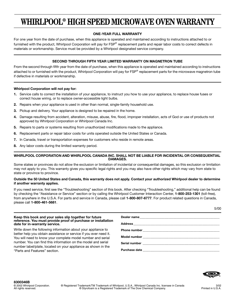 Warranty, Whirlpool, High speed microwave oven warranty | Whirlpool GSC308 User Manual | Page 24 / 24