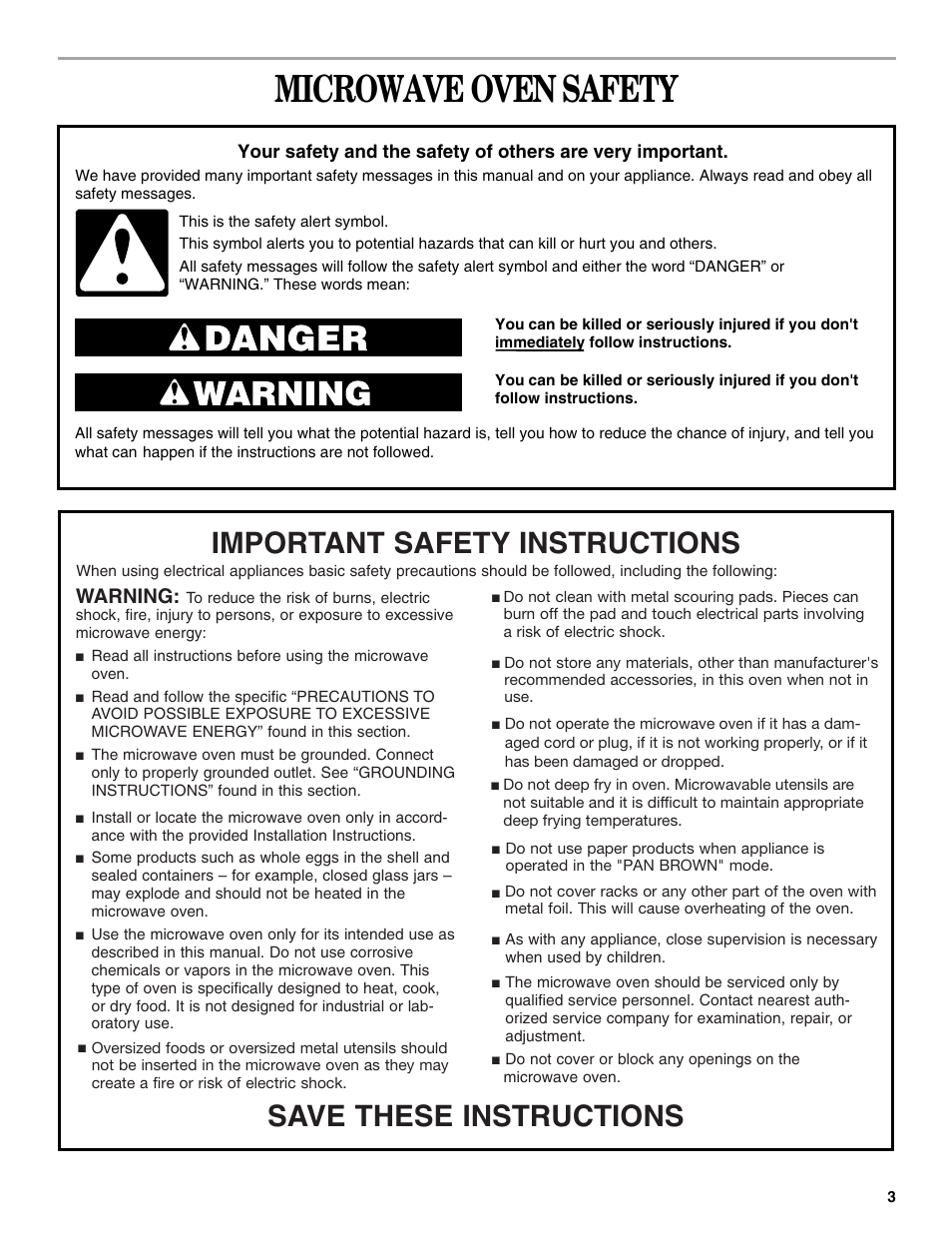 Microwaveovensafety, Microwave oven safety, Save these instructions | Important safety instructions, Warning | Whirlpool GSC308 User Manual | Page 3 / 24