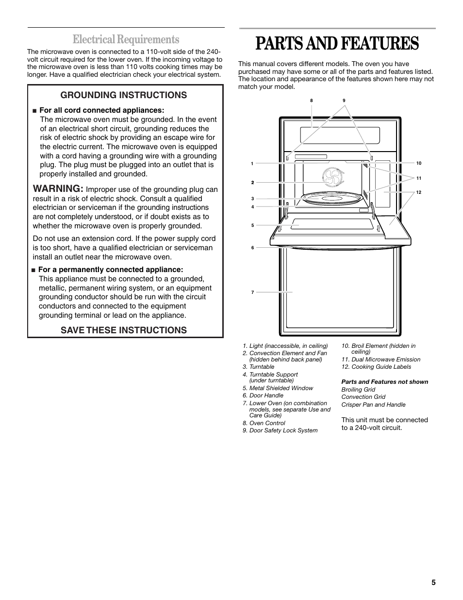 Parts and features, Electrical requirements, Warning | Grounding instructions, Save these instructions | Whirlpool GSC308 User Manual | Page 5 / 24