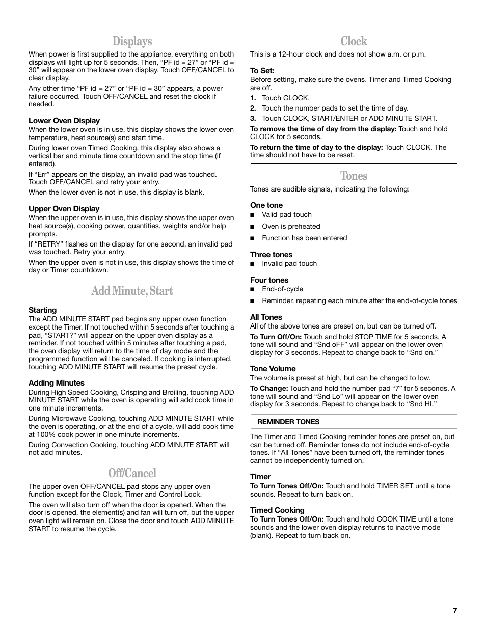 Displays, Add minute, start, Off/cancel | Clock, Tones | Whirlpool GSC308 User Manual | Page 7 / 24