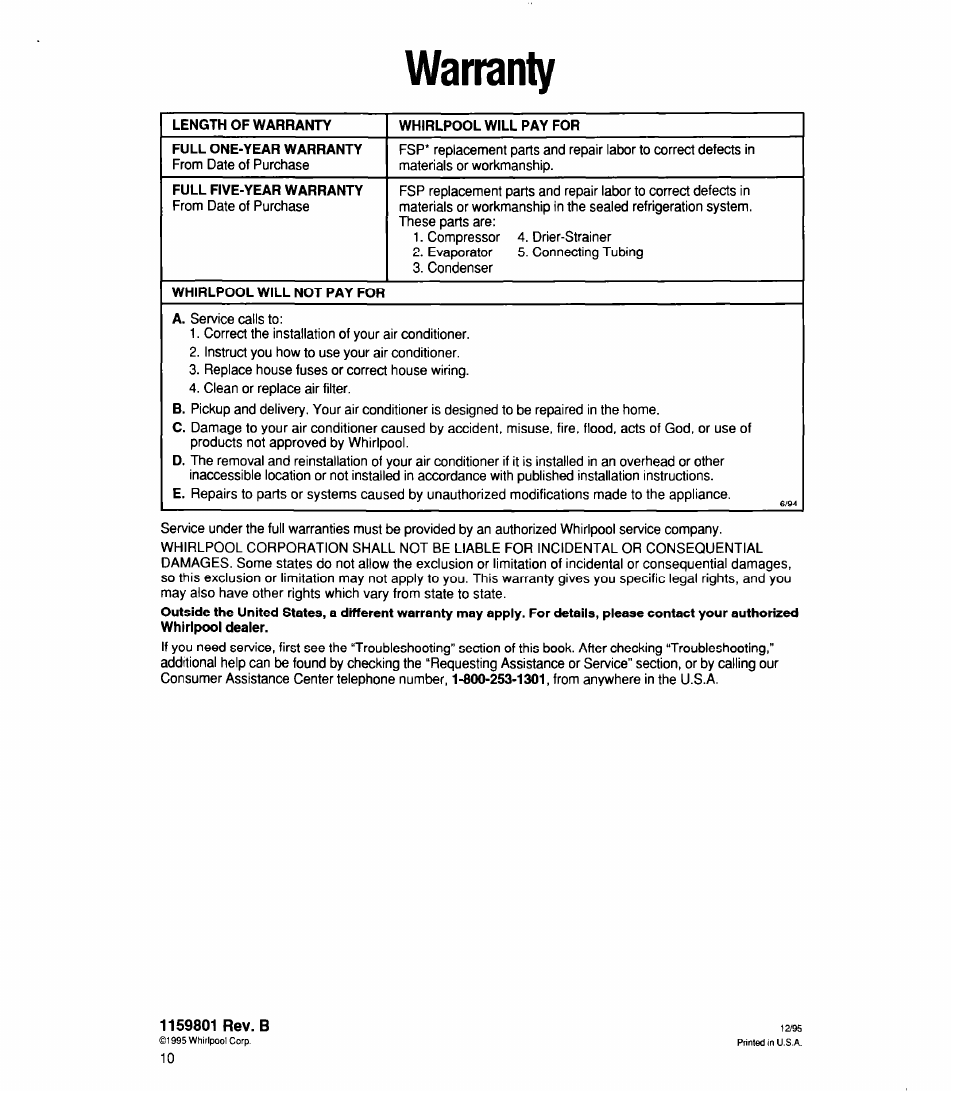 Warranty, 1159801 rev. b | Whirlpool 1159801 User Manual | Page 10 / 22