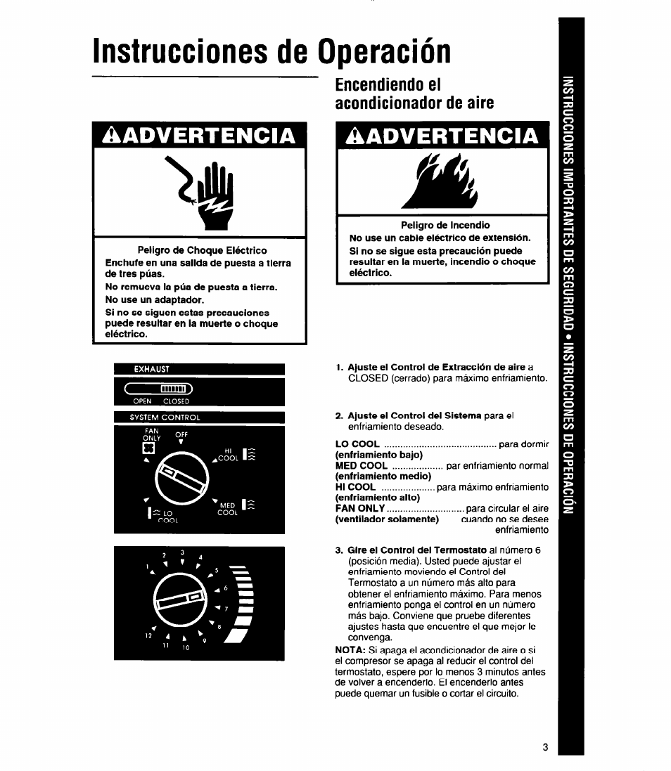 Instrucciones de operación, Encendiendo el acondicionador de aire, Advertencia ■ ^advertencia | Cuidado del acondicionador de aire | Whirlpool 1159801 User Manual | Page 13 / 22