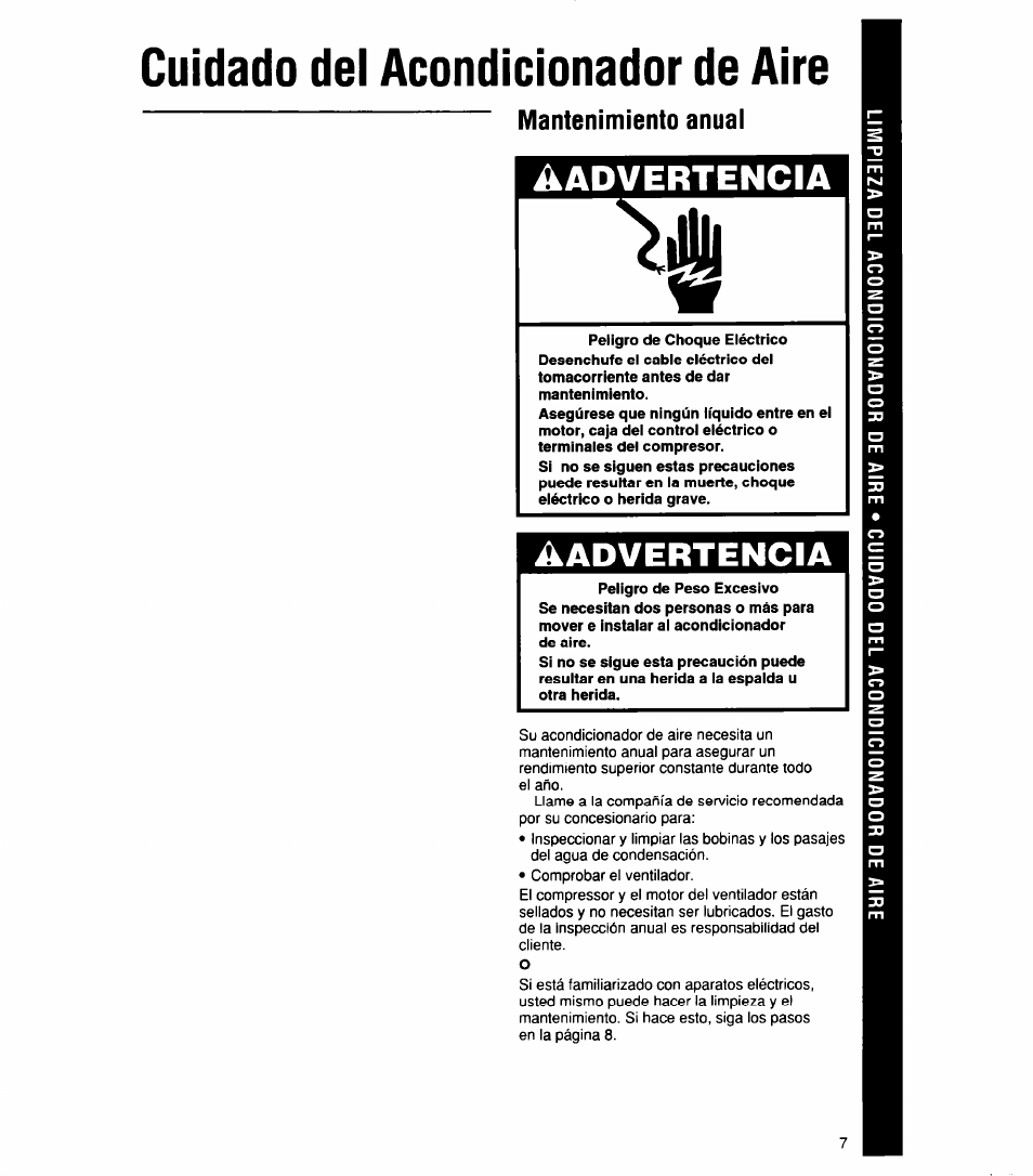 Cuidado del acondicionador de aire, Mantenimiento anual, Advertencia | Aadvertencia, Limpieza dei acondicionador de aire | Whirlpool 1159801 User Manual | Page 17 / 22