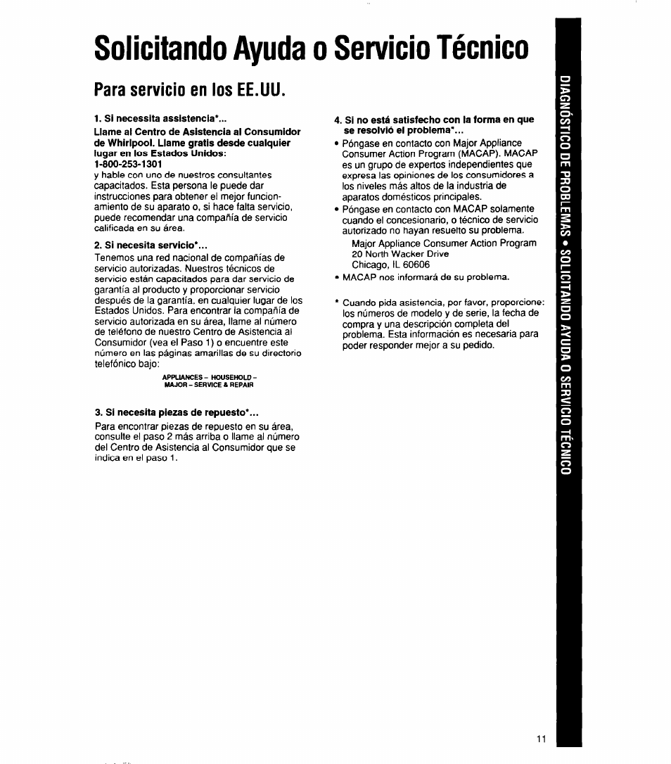 Solicitando ayuda o servicio técnico, Para servicio en los ee.uu, Soiicitando ayuda o servicio técnico | Whirlpool 1159801 User Manual | Page 21 / 22