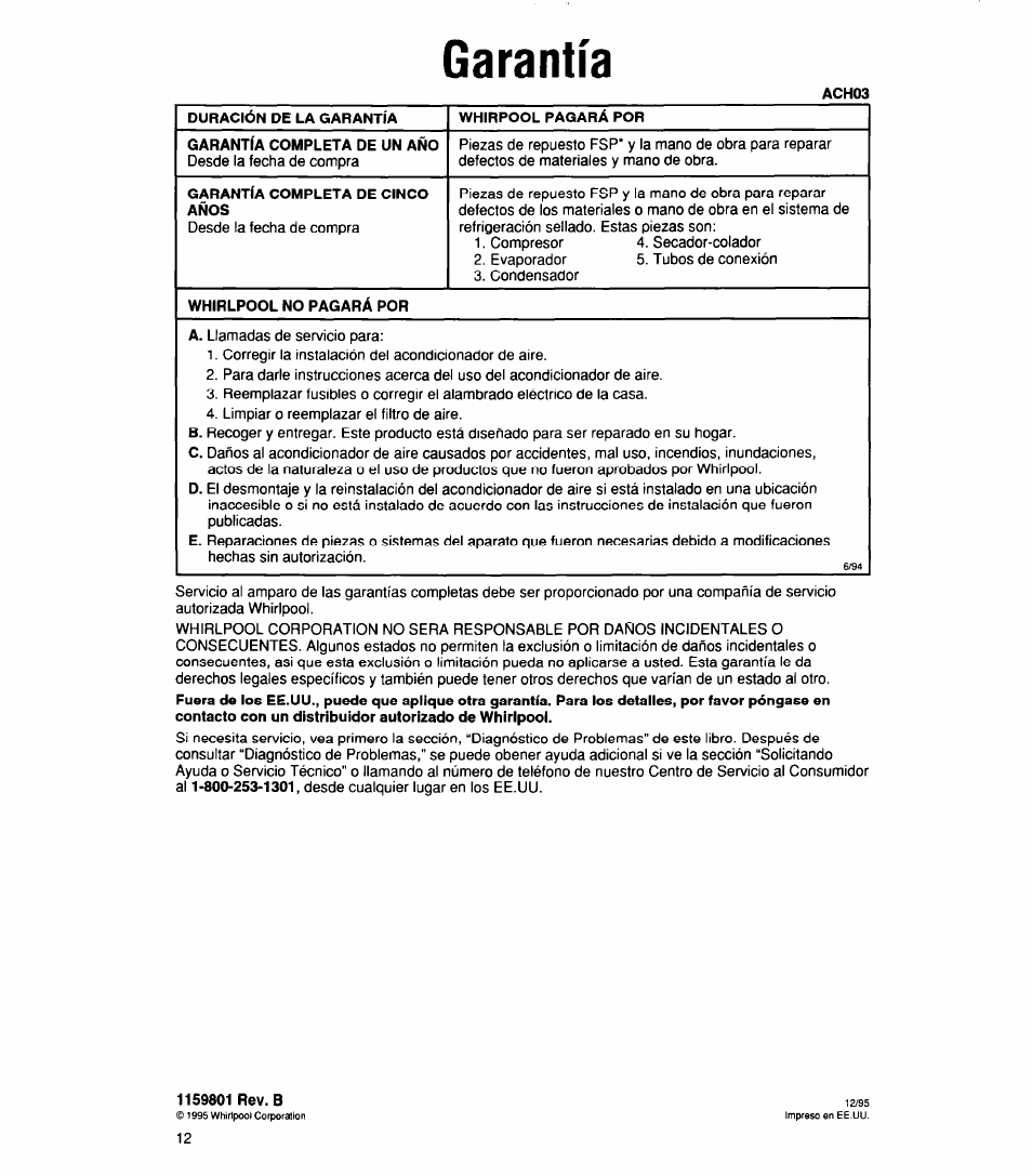 Garantía, Ach03, Duración de la garantía | Whirpool pagará por, Garantia completa de un año, Garantia completa de cinco años, Whirlpool no pagara por, 1159801 rev. b | Whirlpool 1159801 User Manual | Page 22 / 22