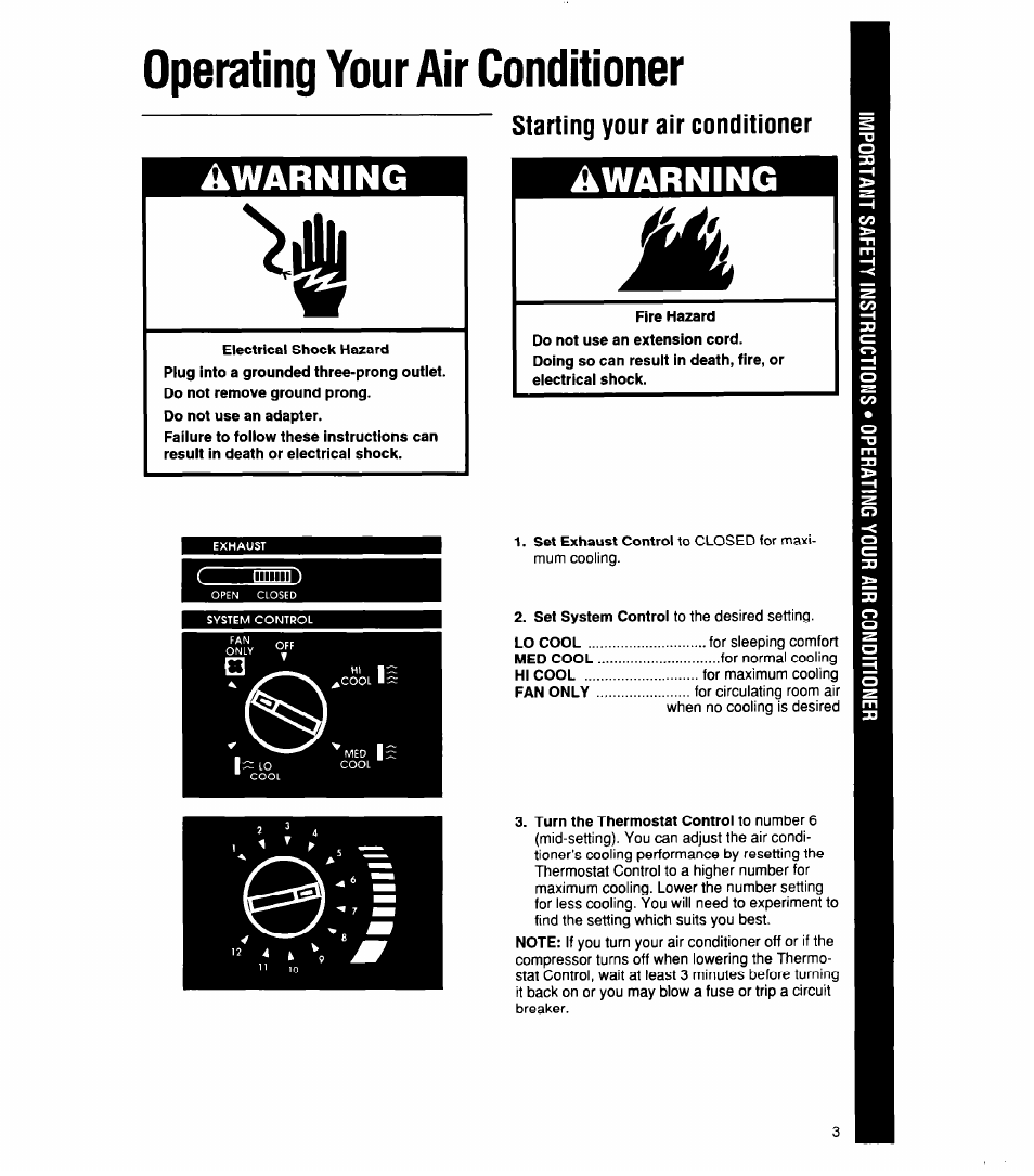 Operating your air conditioner, Starting your air conditioner, Warning | Awarning, Caring for your air conditioner | Whirlpool 1159801 User Manual | Page 3 / 22