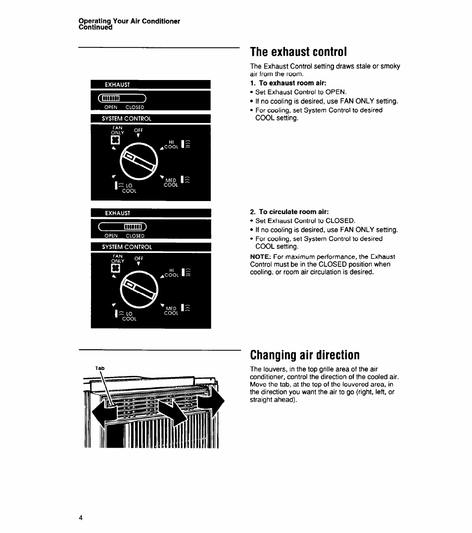 The exhaust control, Changing air direction, The exhaust control changing air direction | Whirlpool 1159801 User Manual | Page 4 / 22