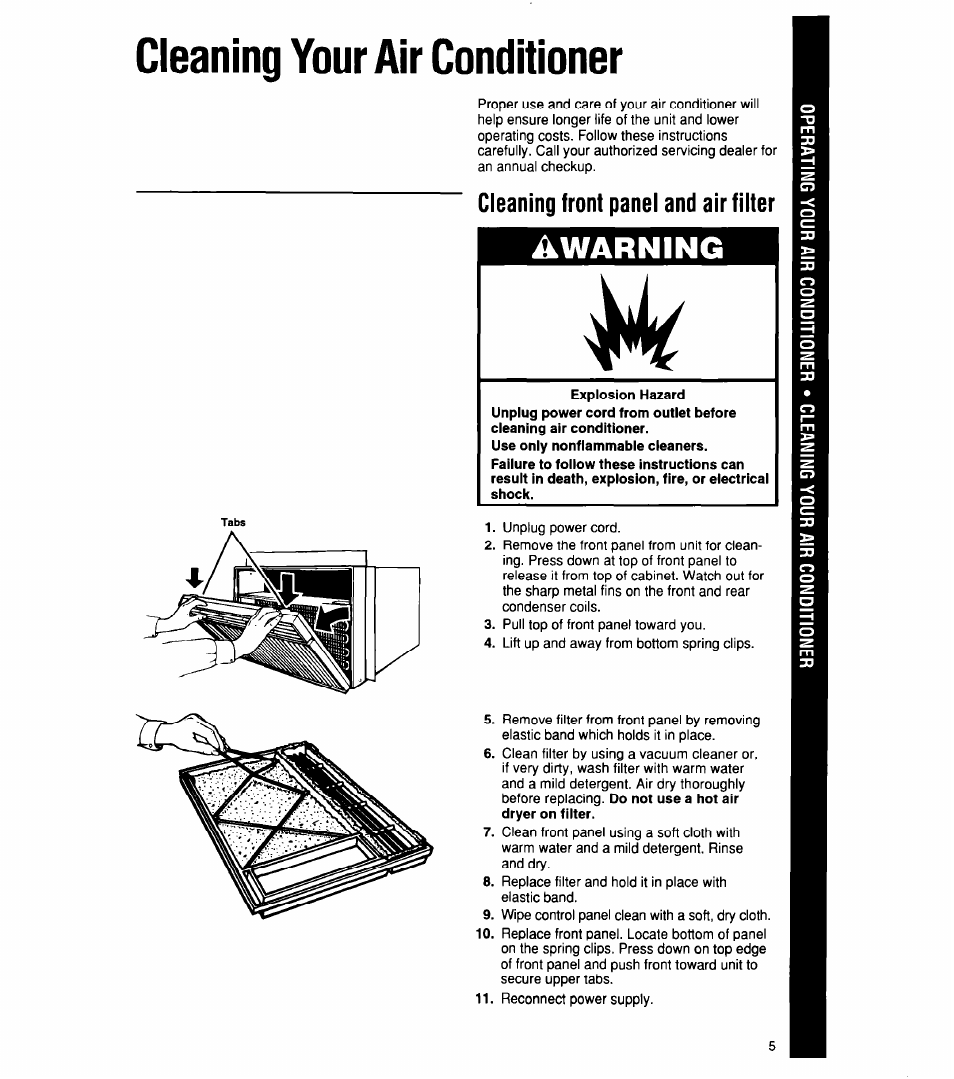 Cleaning your air conditioner, Cleaning front panel and air filter, A warning | Starting your air conditioner | Whirlpool 1159801 User Manual | Page 5 / 22