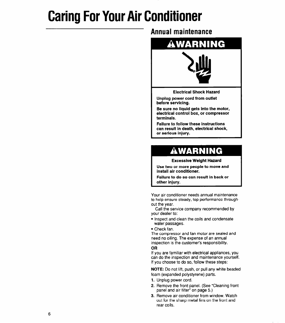 Caring for your air conditioner, Annual maintenance, Warning | Cieaning your air conditioner, Awarning | Whirlpool 1159801 User Manual | Page 6 / 22