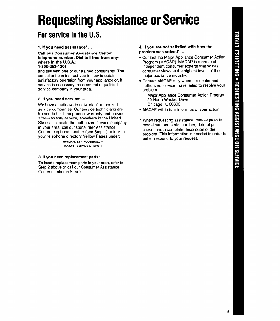 Requesting assistance or service, For service in the u.s | Whirlpool 1159801 User Manual | Page 9 / 22