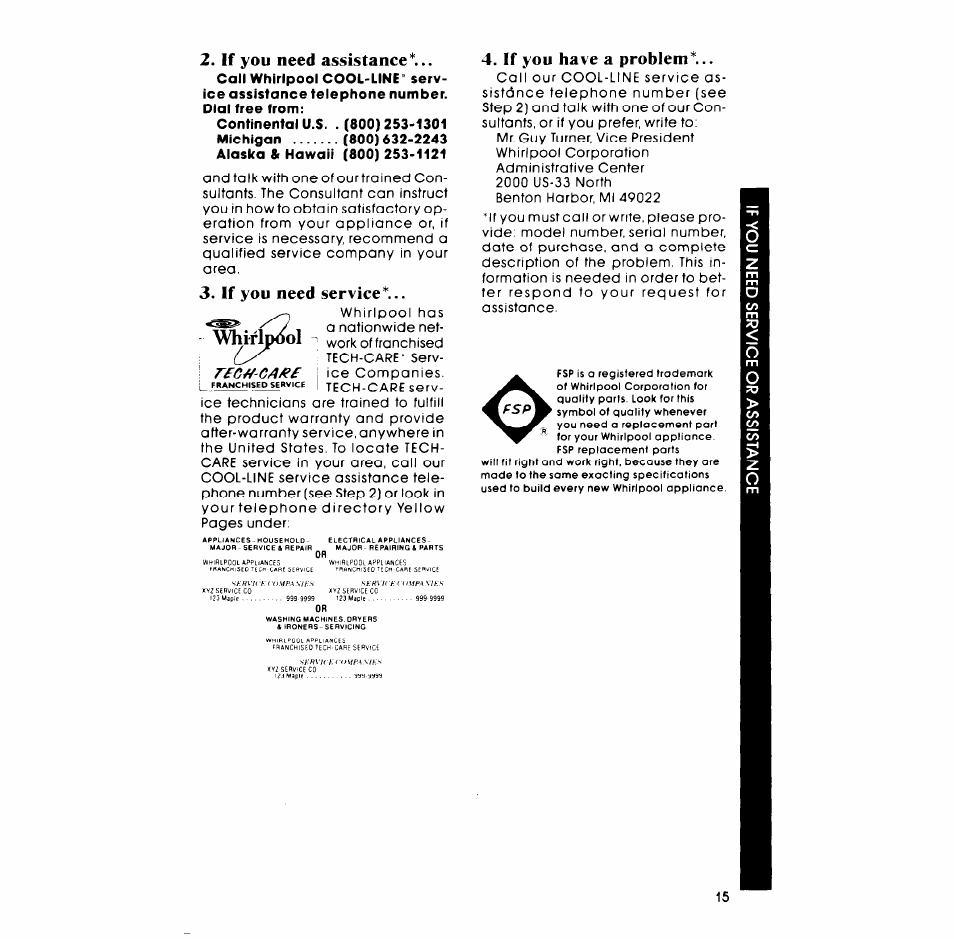 If you need assistance, If you need service, If you have a problem | Whirlpool LA6800XM User Manual | Page 15 / 16
