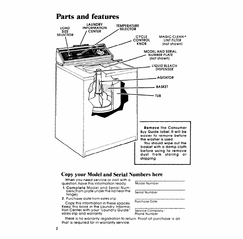 Copy your model and serial numbers here, Parts and features | Whirlpool LA6800XM User Manual | Page 2 / 16