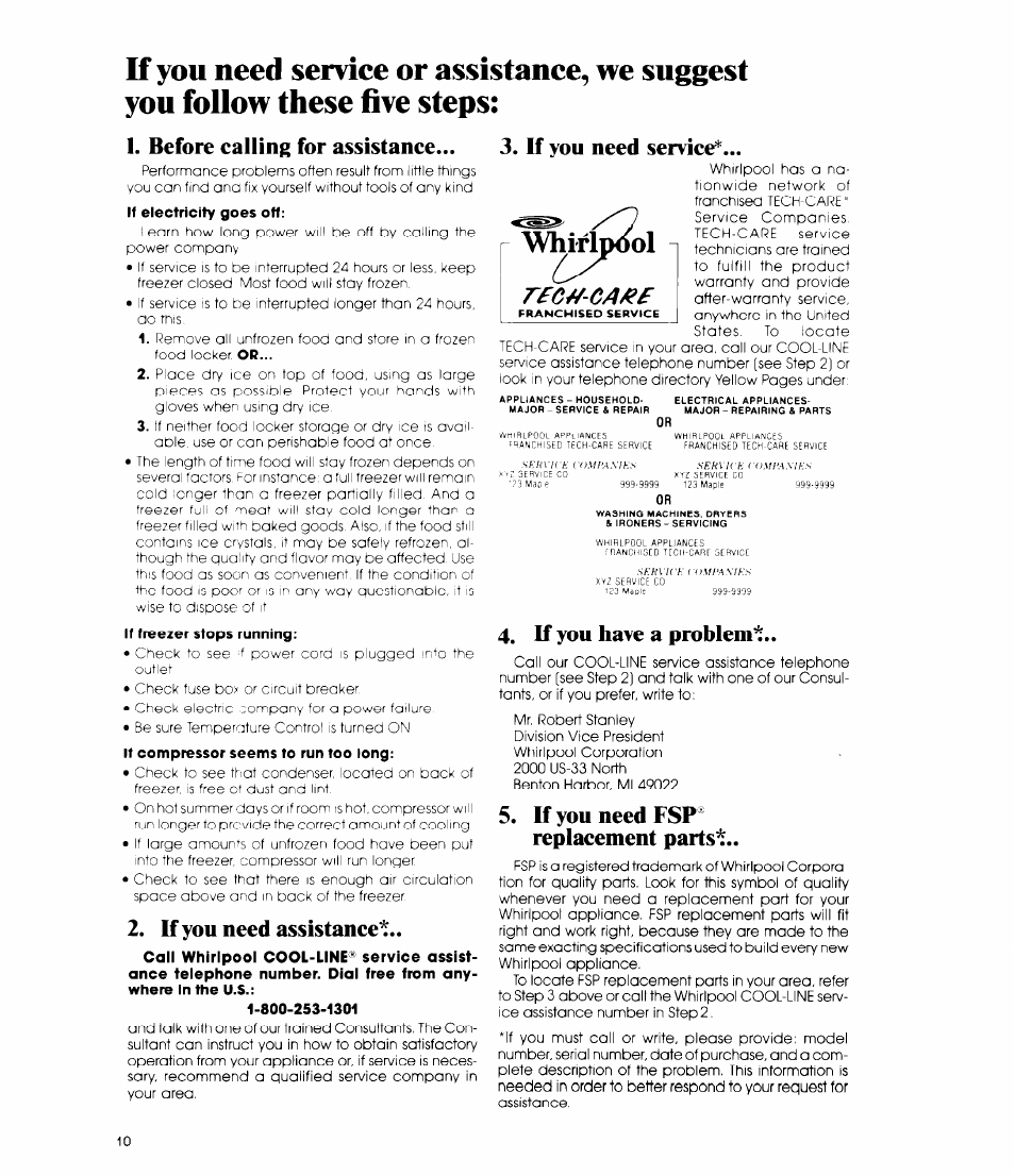 Whirip2)l, Before calling for assistance, If you need assistaneel | If you need seniee, If you have a problem, If you need fsp® replacement parish | Whirlpool EVISOE User Manual | Page 10 / 12