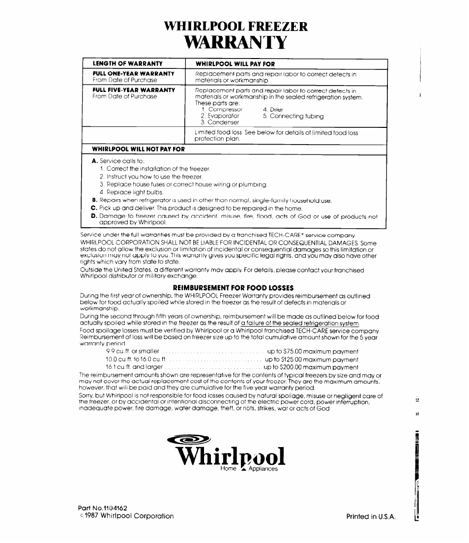 Reimbursement for food losses, Whirlpool, Warranty | Whirlpool freezer | Whirlpool EVISOE User Manual | Page 12 / 12