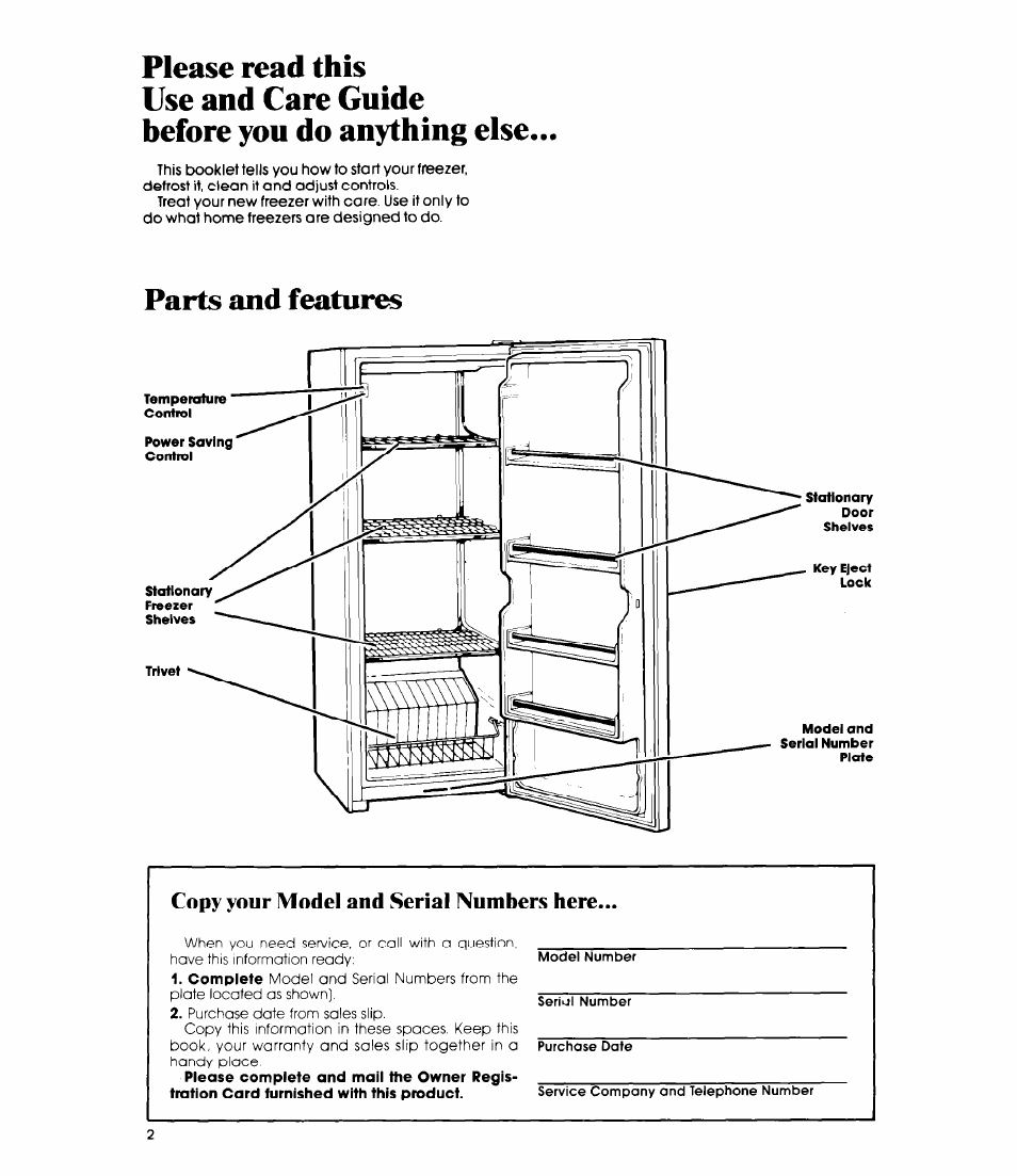 Please read this, Use and care guide, Before you do anything else | Parts and features, Copy your model and serial numbers here | Whirlpool EVISOE User Manual | Page 2 / 12
