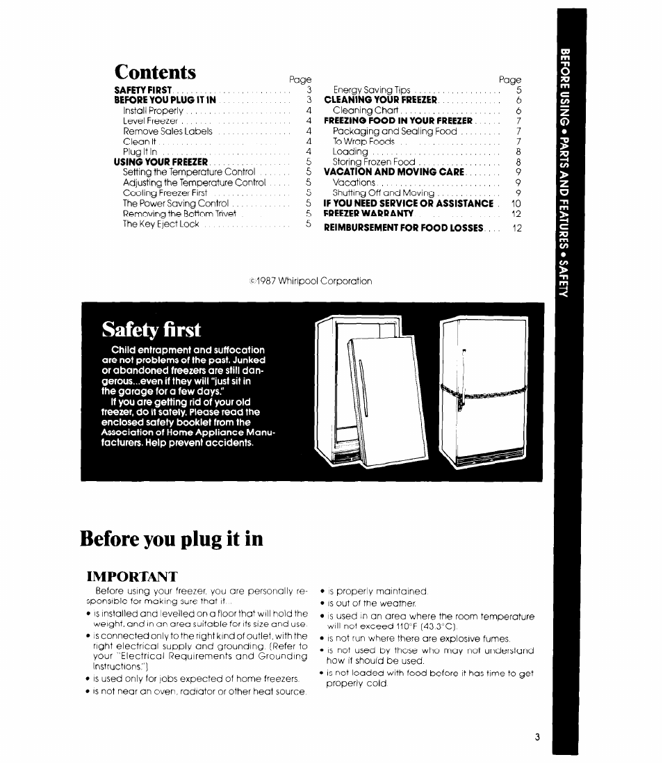 Contents p„e, Safety first, Before you plug it in | Important | Whirlpool EVISOE User Manual | Page 3 / 12