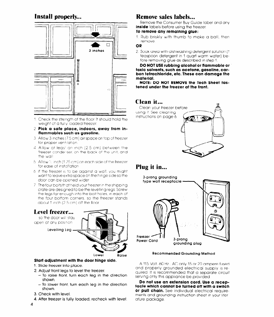 Level freezer, Remove sales labels, Plug it in | Whirlpool EVISOE User Manual | Page 4 / 12