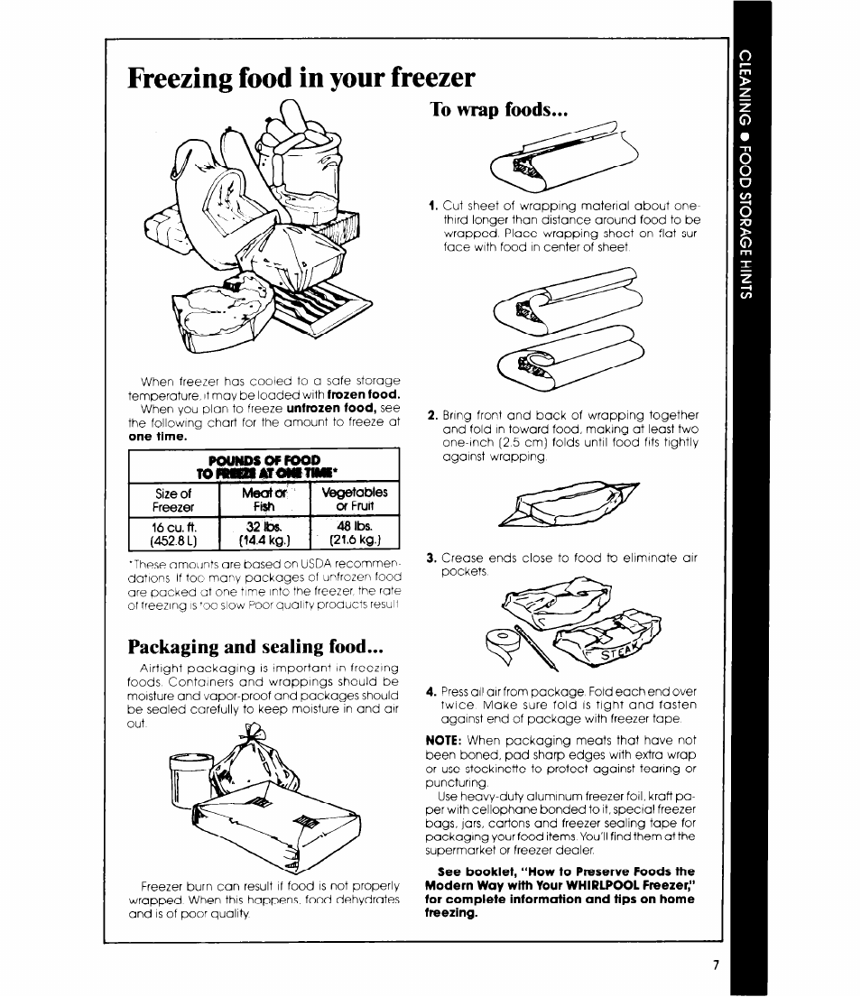 Freezing food in your freezer, Packaging and sealing food | Whirlpool EVISOE User Manual | Page 7 / 12