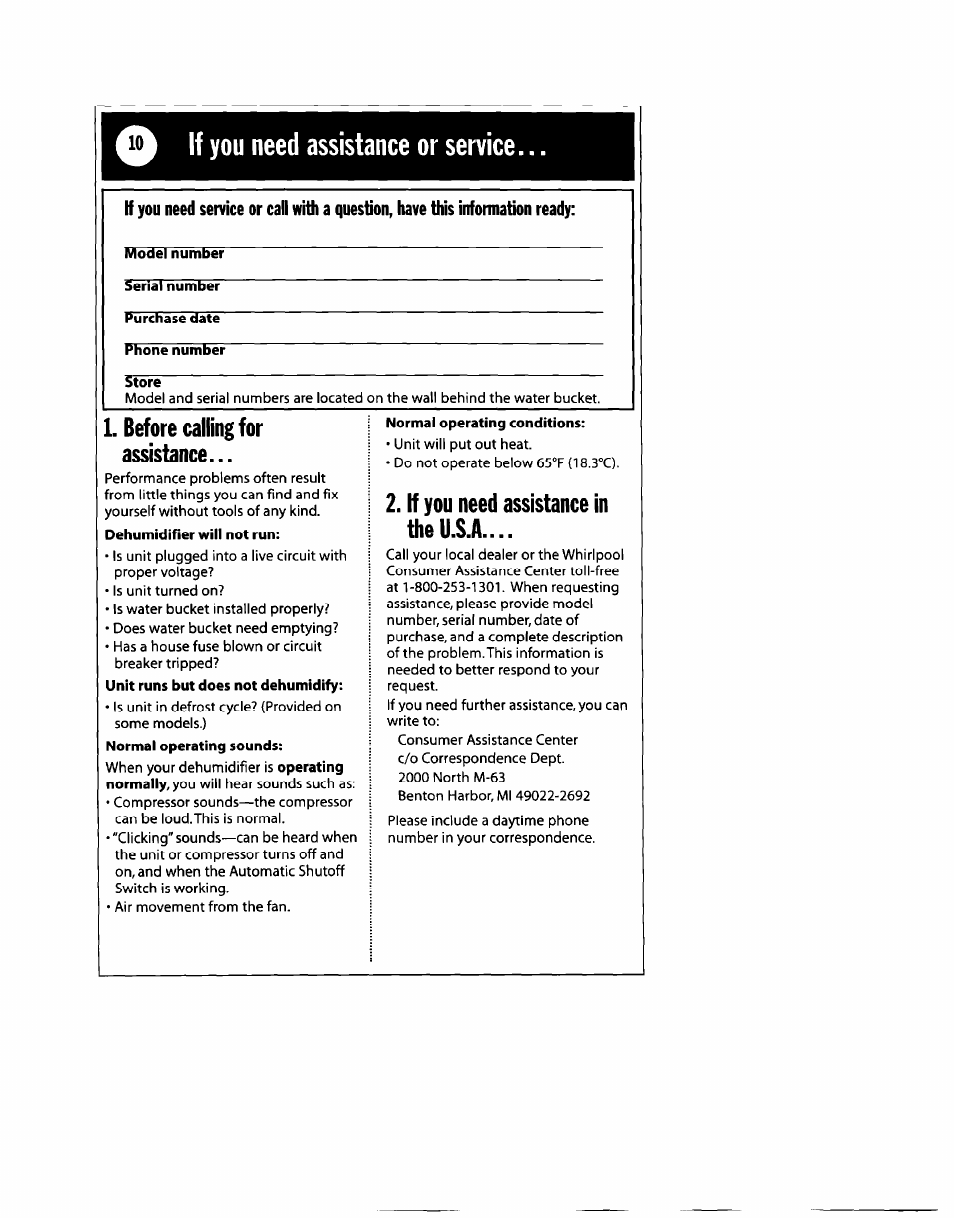 If you need assistance or service, Before calling for assistance, If you need assistance in the u.s.a | If you need assistance or service -11 | Whirlpool 1182182 User Manual | Page 10 / 24