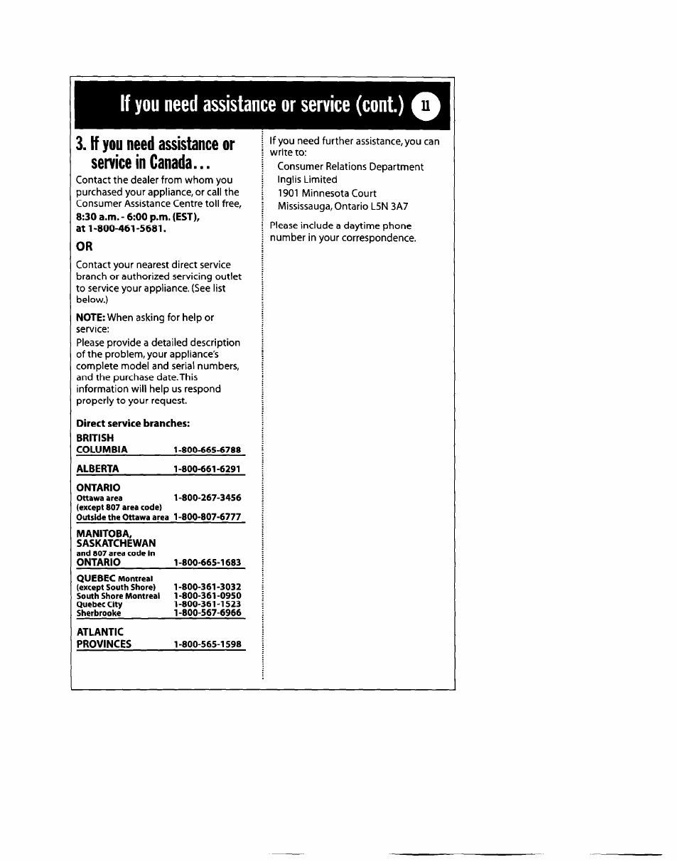 If you need assistance or service (cont.), If you need assistance or service in canada | Whirlpool 1182182 User Manual | Page 11 / 24