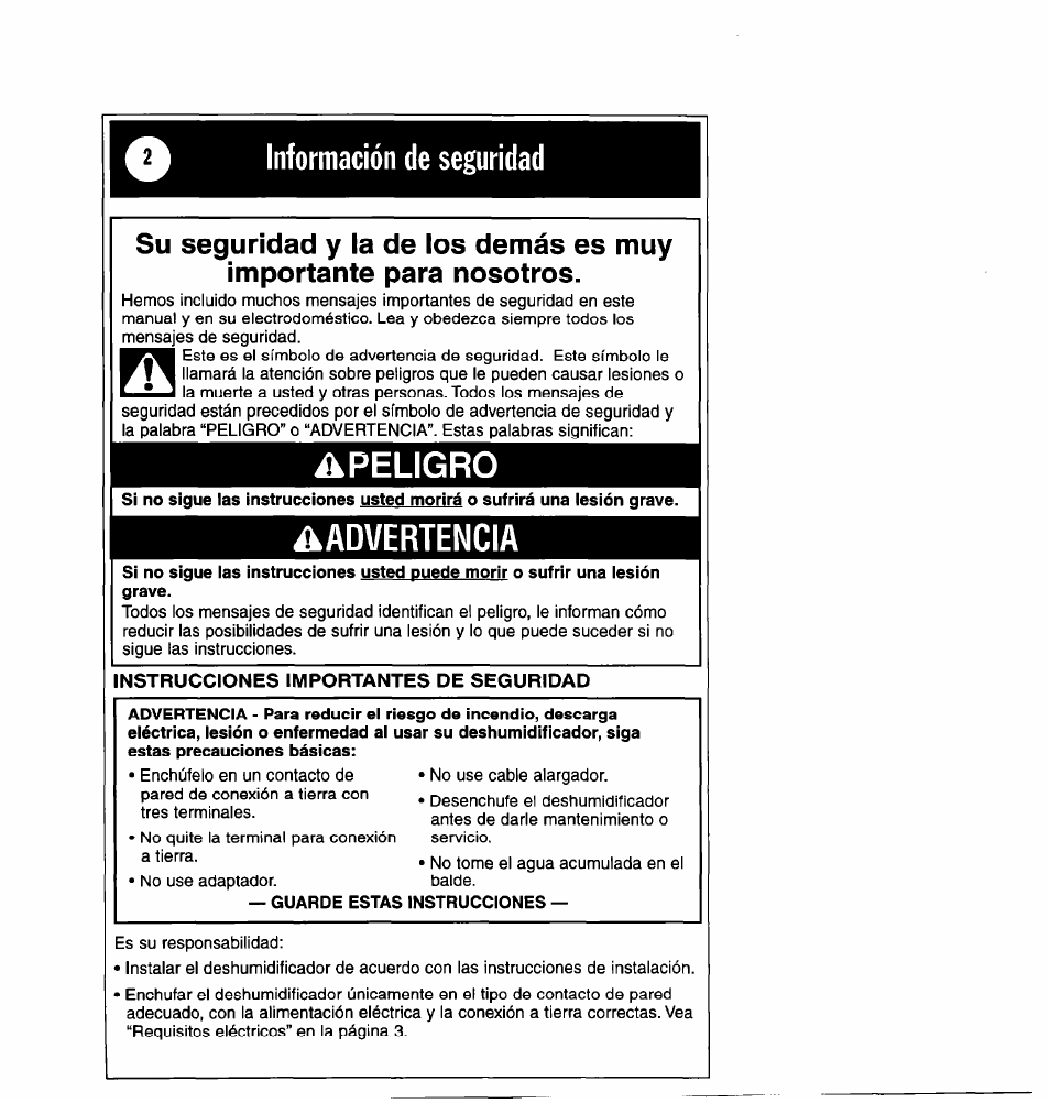 Apeligro, Aadvertencia, Instrucciones importantes de seguridad | Whirlpool 1182182 User Manual | Page 14 / 24