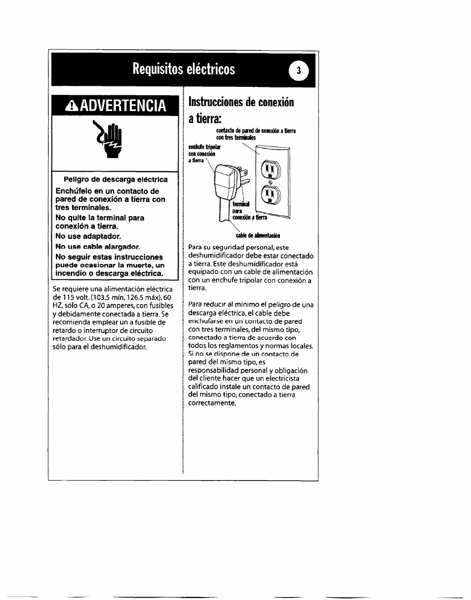 Requisitos eléctricos, Advertencia, Requisitos eléctricos ^advertencia | Instrucciones de conexión a tierra | Whirlpool 1182182 User Manual | Page 15 / 24