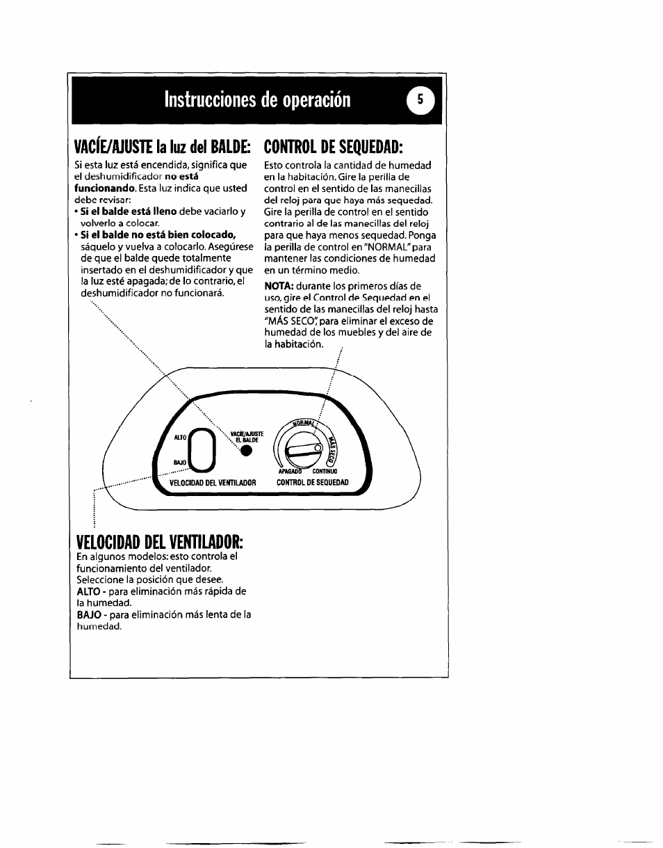 Vacíe/ajuste la luz del balde: control de sequedad, Velocidad del ventilador | Whirlpool 1182182 User Manual | Page 17 / 24