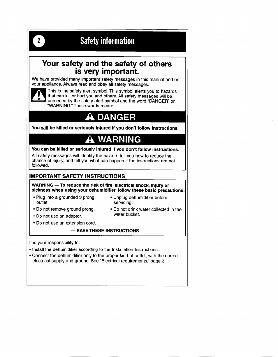 Important safety instructions, Danger, Warning | Whirlpool 1182182 User Manual | Page 2 / 24