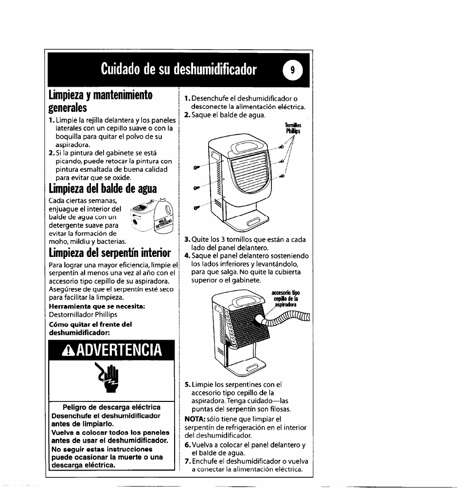 Cuidado de su deshumidificador, Limpieza y mantenimiento generales, Limpieza del balde de agua | Limpieza del serpentín interior, Advertencia | Whirlpool 1182182 User Manual | Page 21 / 24