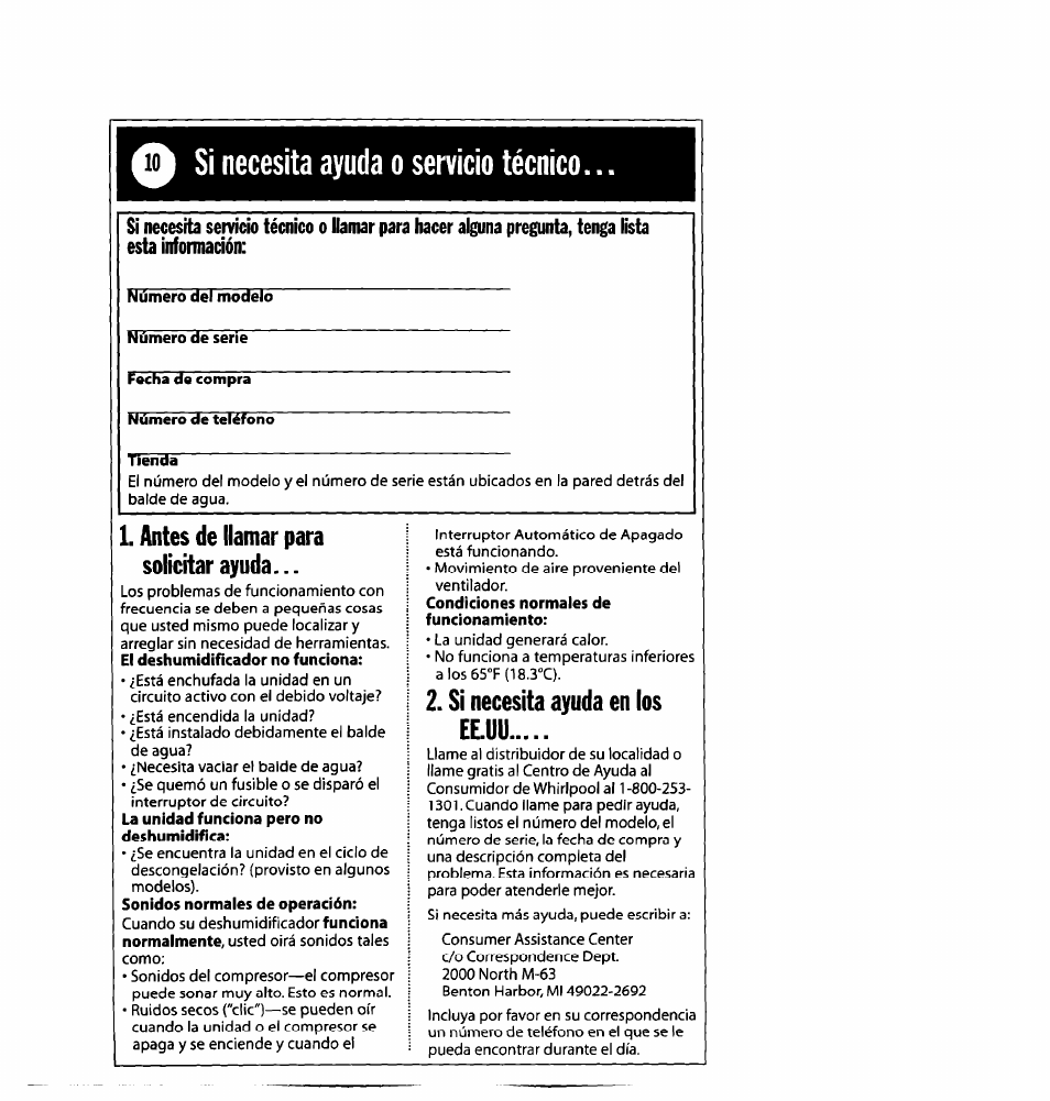 Antes de llamar para solicitar ayuda, Si necesita ayuda en los ee.uü, Si necesita ayuda o servicio técnico | Whirlpool 1182182 User Manual | Page 22 / 24